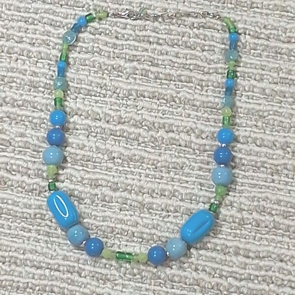 Blue Green Glass Beaded Necklace Silver Tone Lobster Clasp Strand Fashion Womens